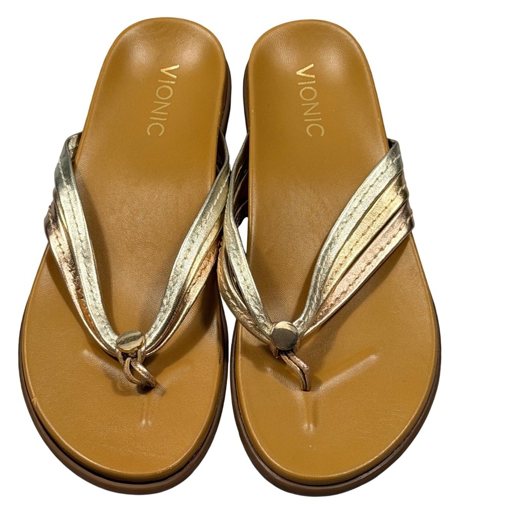 Vionic Casandra Flip Flop Sandals Womens 8 Gold Metallic Orthotic Thong Coastal